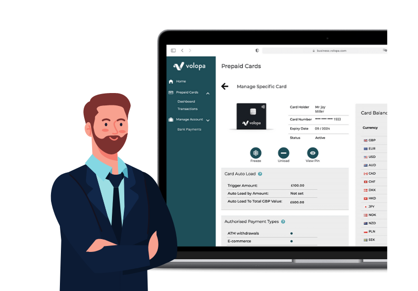 Volopa web platform alongside businessman