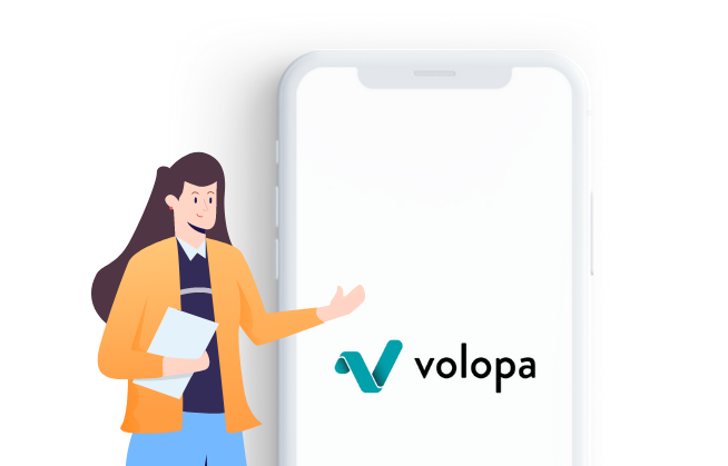 Female employee pointing at Volopa mobile app