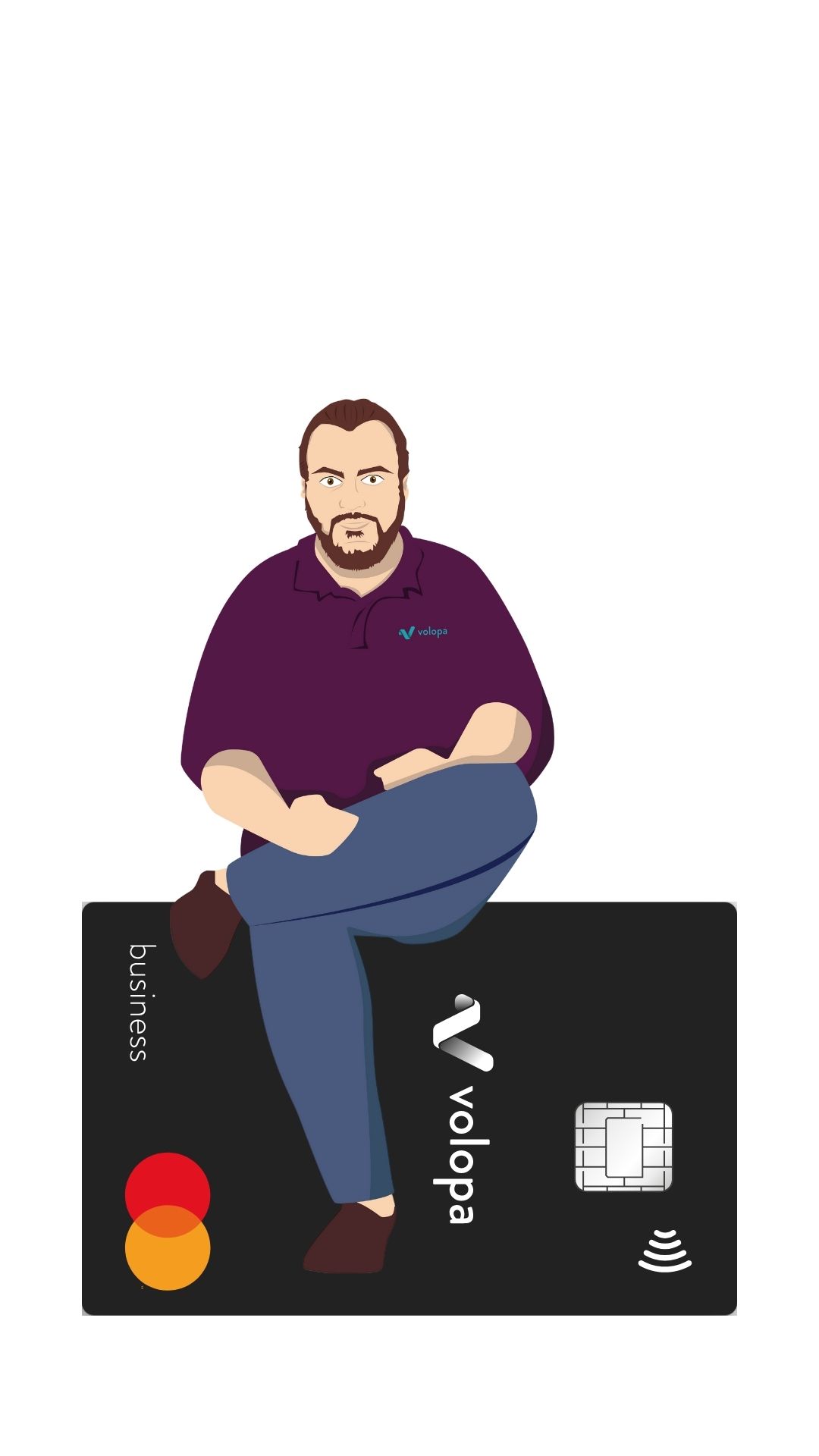 Animation image of seated character and Volopa business prepaid expense card