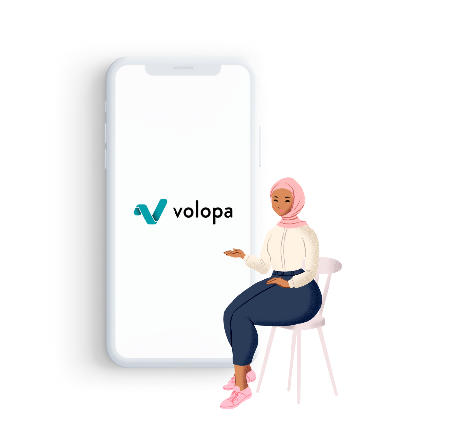 Woman sitting on a chair and pointing towards Volopa mobile application