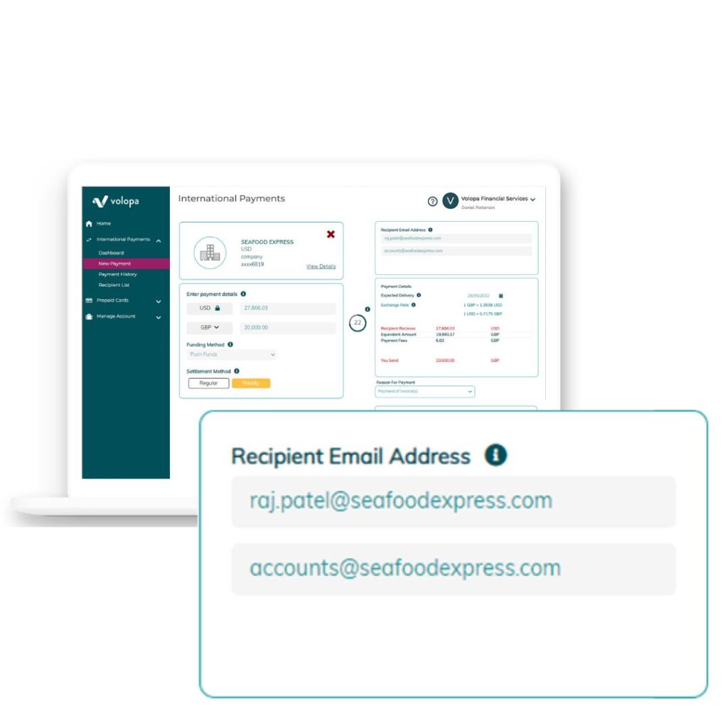 automated payment receipts Volopa platform showcasing recipient email address.