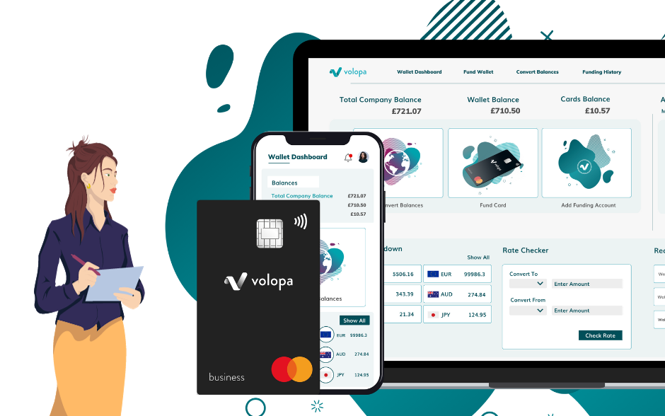 Business prepaid cards: Animation image of standing character beside the Volopa business prepaid expense card and the homepage from the webpage and the iPhone app