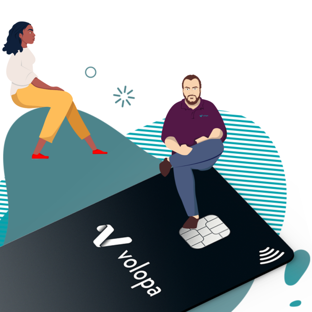 Shape the future of Fintech Two Volopa animated characters seated by and on the Volopa business prepaid expense card Shape the future of Fintech