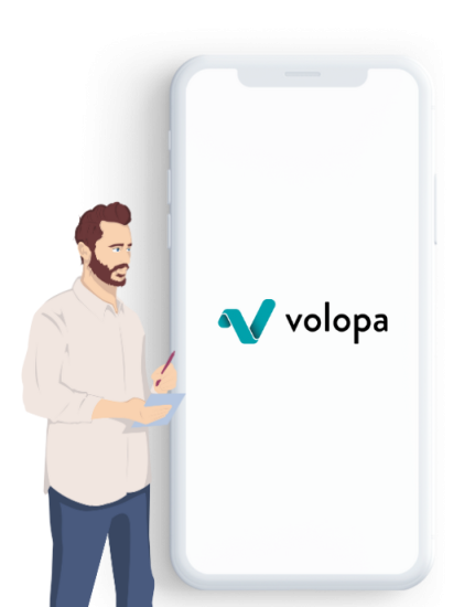 Volopa animation + smart phone with Volopa logo Built for happy teams