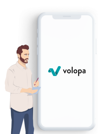 Volopa animation + smart phone with Volopa logo Built for happy teams