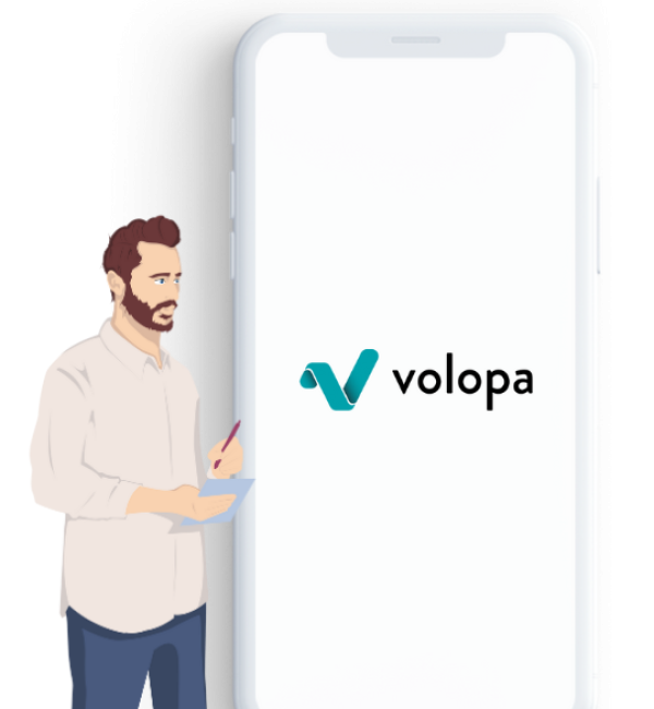 Volopa animation + smart phone with Volopa logo Built for happy teams